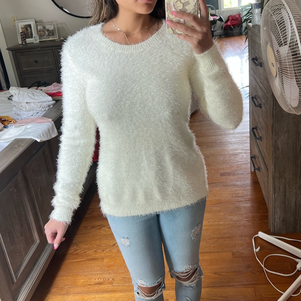 White fuzzy open back sweater